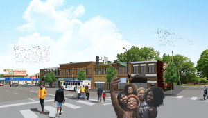 Rendering of street life on a revitalized W Broadway Ave