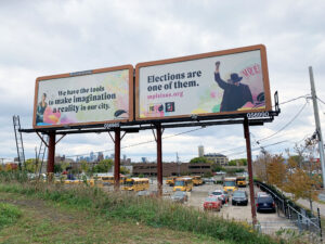 Billboard for voter outreach campaign with Pollen and Sahan Journal
