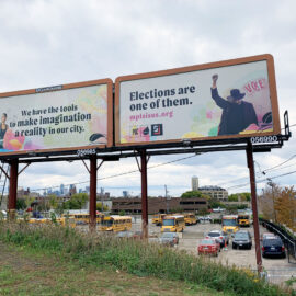 Billboard for voter outreach campaign with Pollen and Sahan Journal