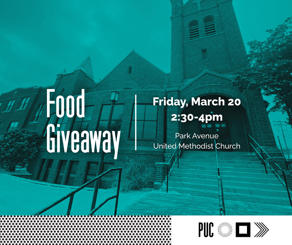 A graphic that shares information about the Park Avenue United Methodist Church Food Giveaway. The event was held on Friday, March 20th from 2:30 to 4pm.